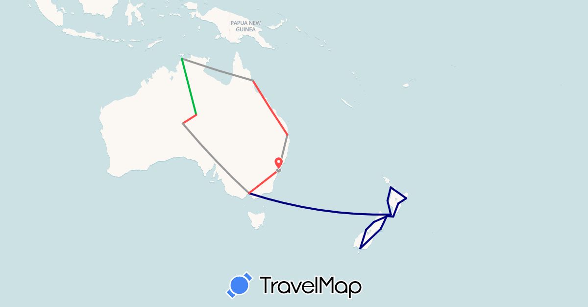 TravelMap itinerary: driving, bus, plane, hiking in Australia, New Zealand (Oceania)